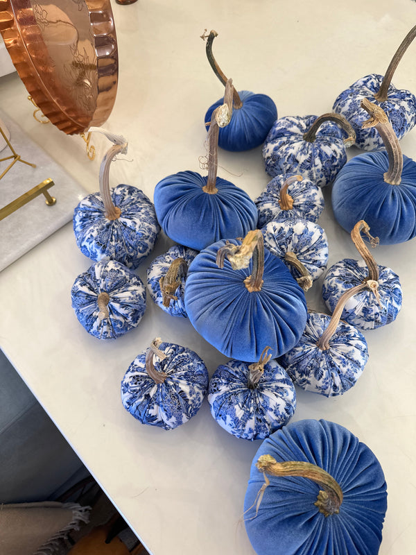 Velvet Chinoiserie and Solid Blue & Apricot Pumpkins- Assorted Sizes