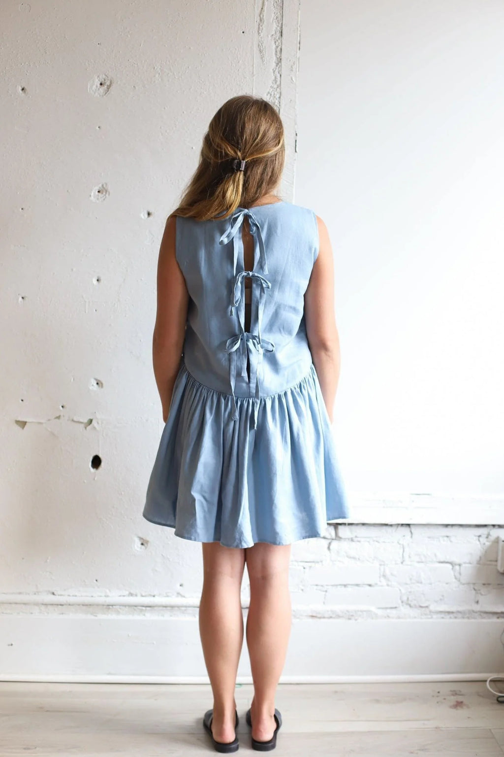 Drop-Waist Back Tie Detail Flared Mini Dress