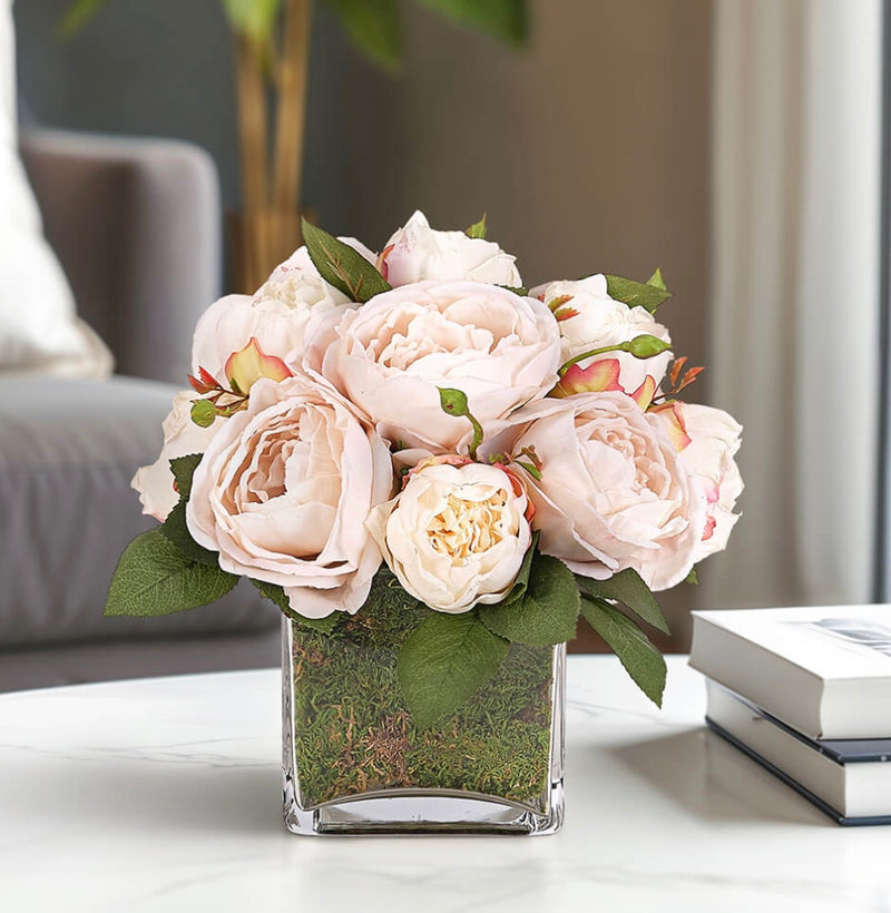 Blush Rose Peony in Moss Garden Vase