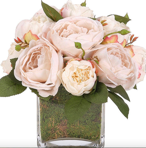 Blush Rose Peony in Moss Garden Vase