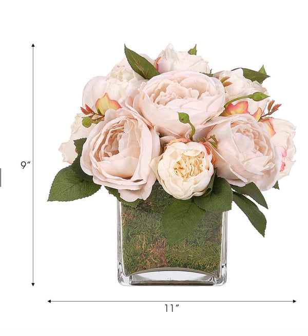 Blush Rose Peony in Moss Garden Vase