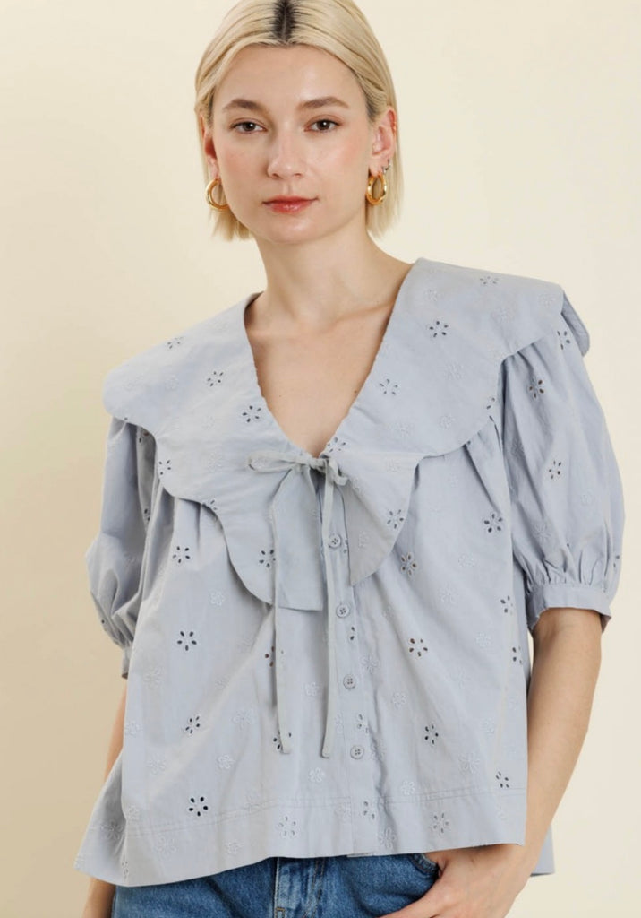 Scallop Collar Eyelet Blouse