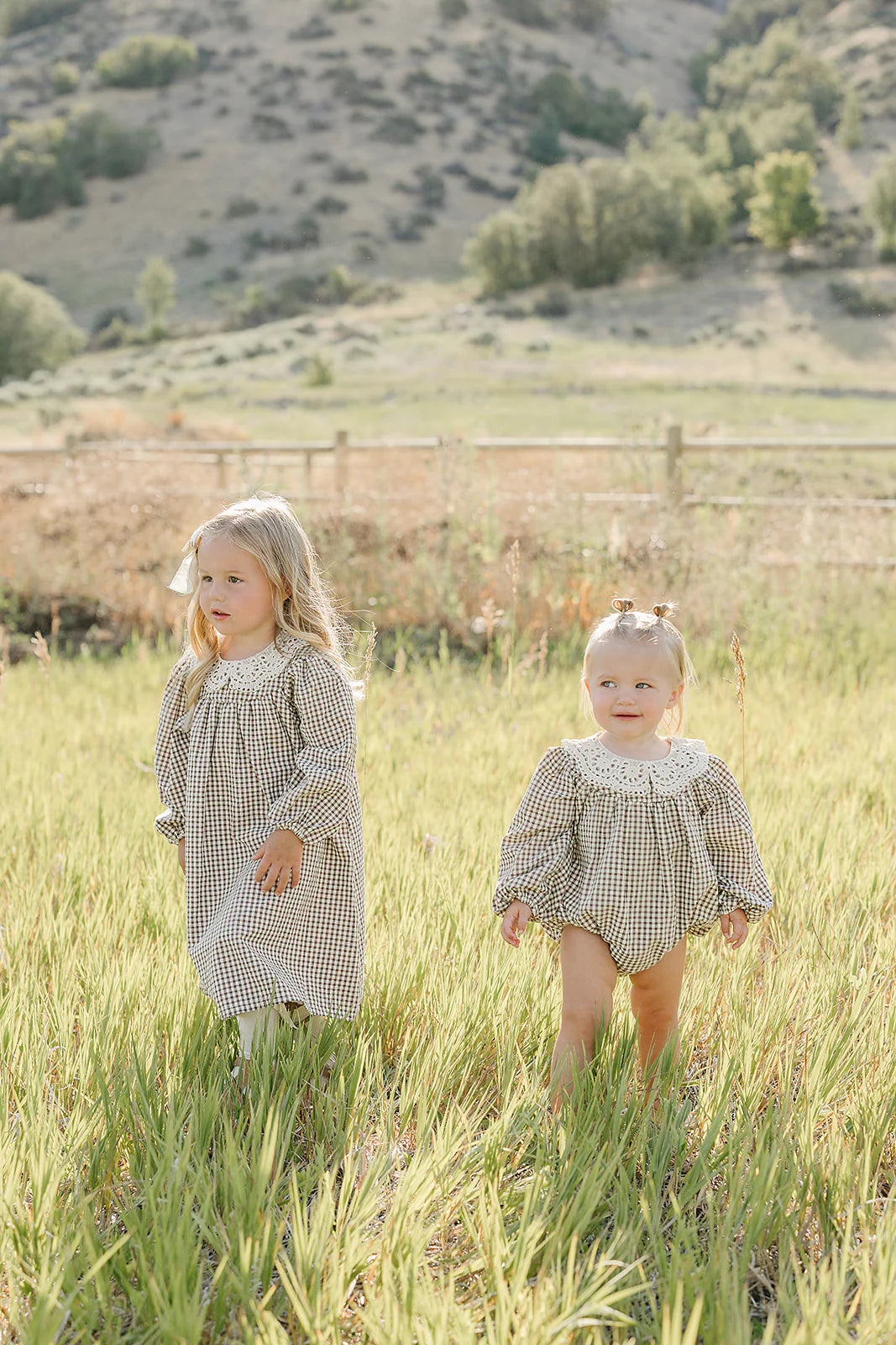 Camel Gingham Lace Bubble Romper