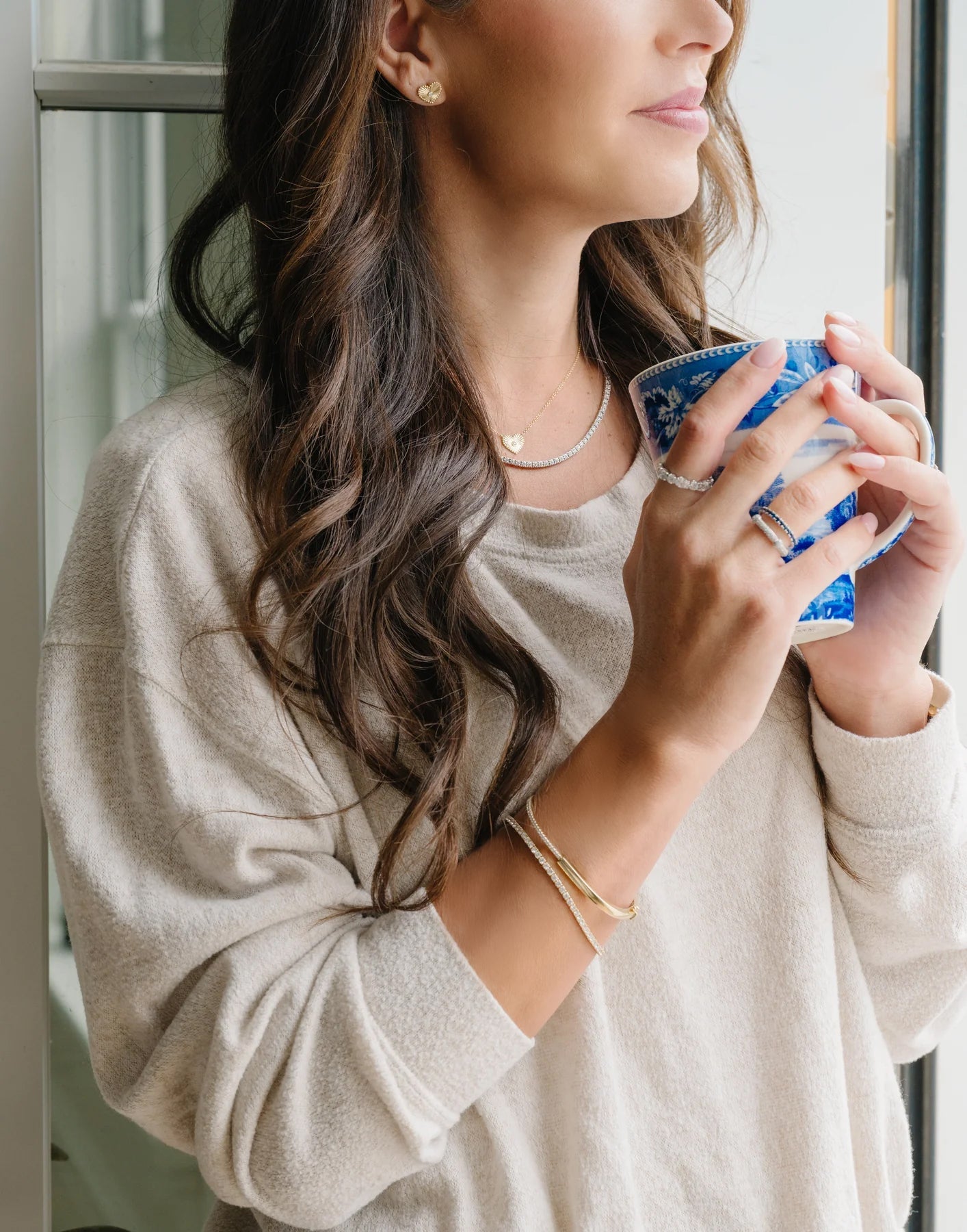Fluted Heart with Diamond Bezel Stud Earrings