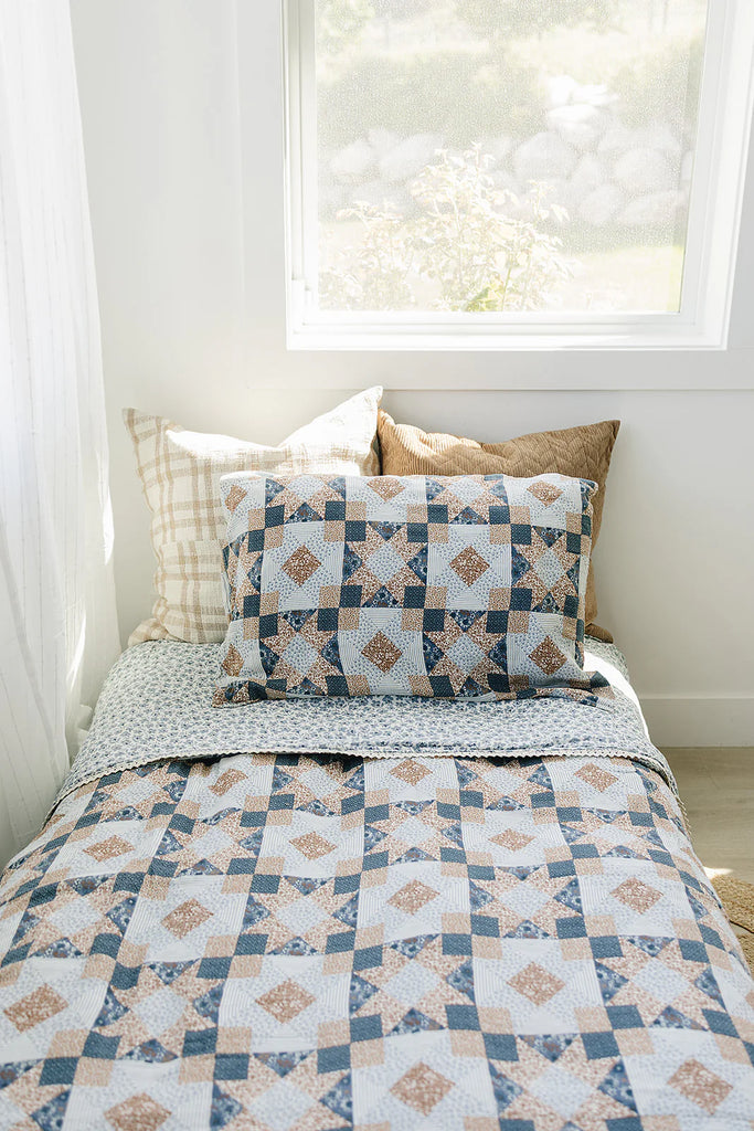 Patchwork Print + Blue Blossom Lace Muslin Quilt