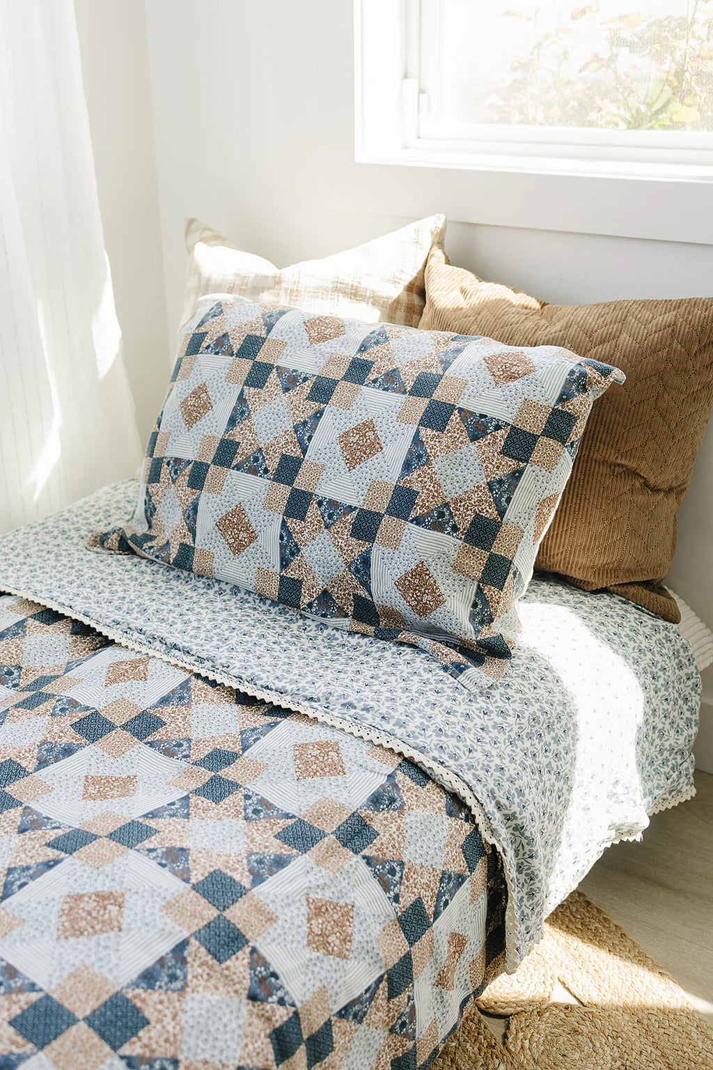 Patchwork Print + Blue Blossom Lace Muslin Quilt