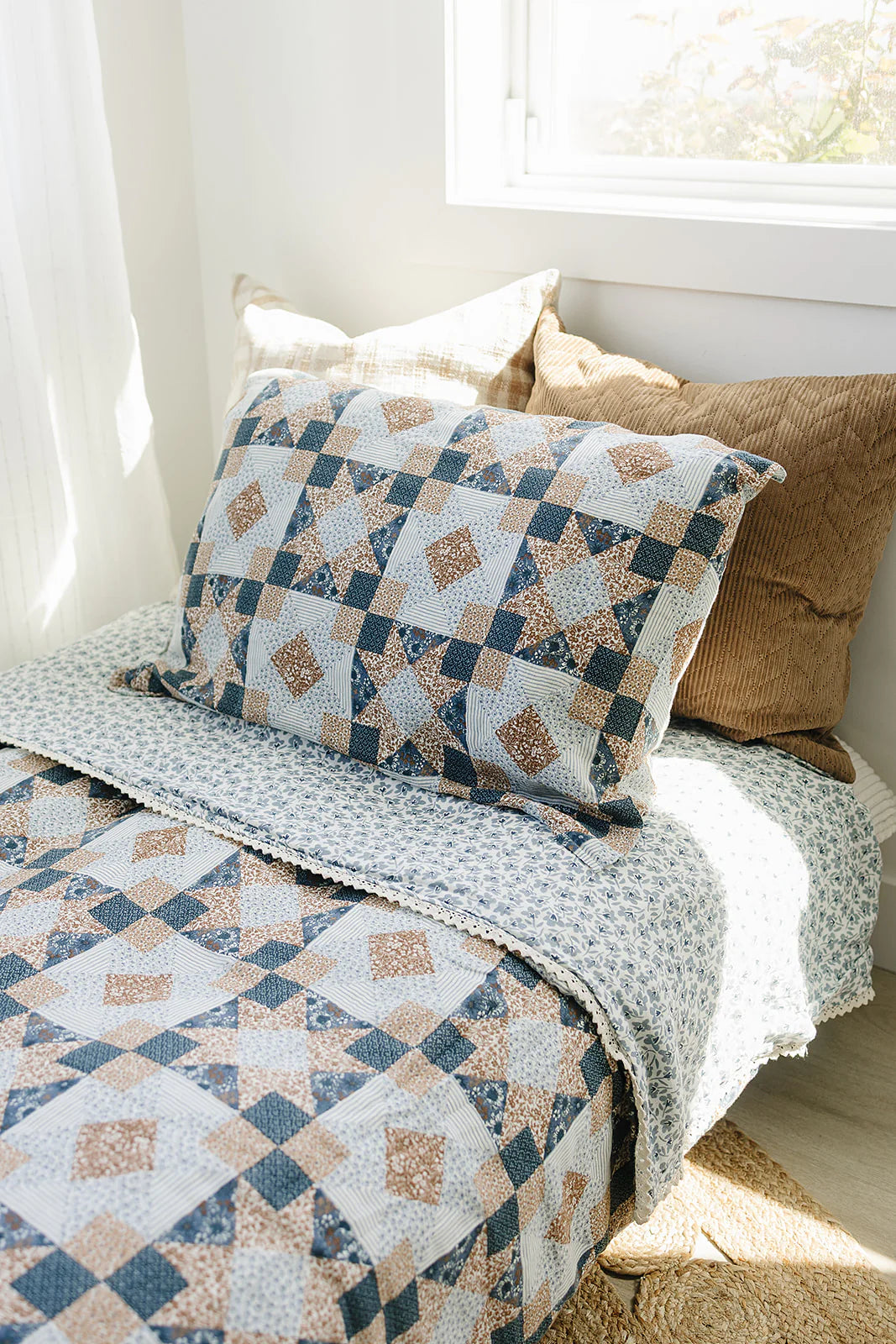 Patchwork Print + Blue Blossom Lace Muslin Quilt