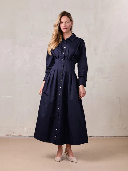 Pleated Waist Button Down Midi Dress