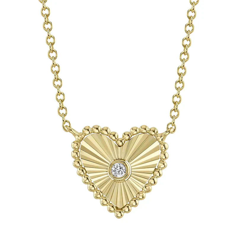 Fluted Heart Necklace with Bezel Diamond Center