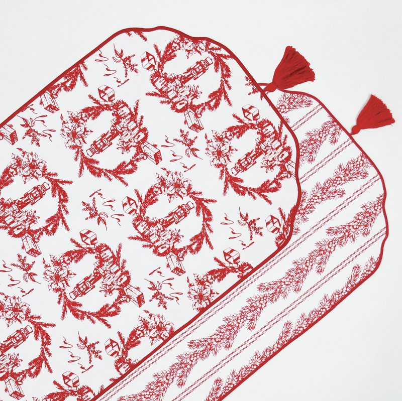 Holiday Toile Red Reversible Tassel Table Runner