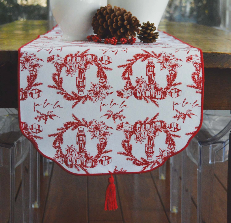 Holiday Toile Red Reversible Tassel Table Runner