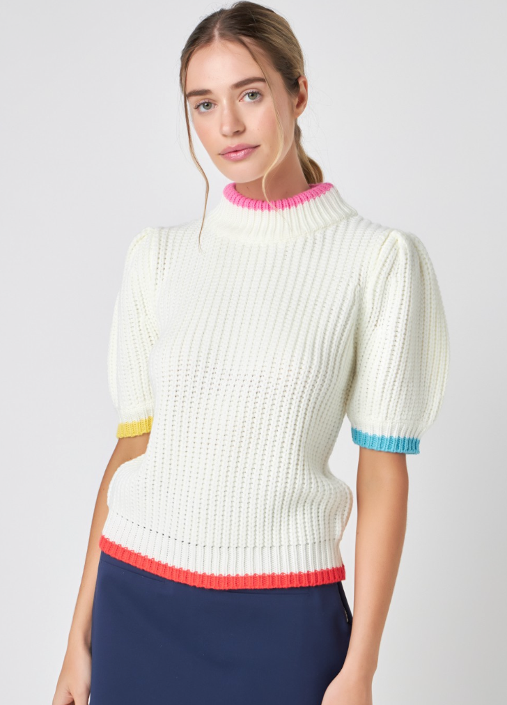 Color Contrast Puff Sleeve Sweater