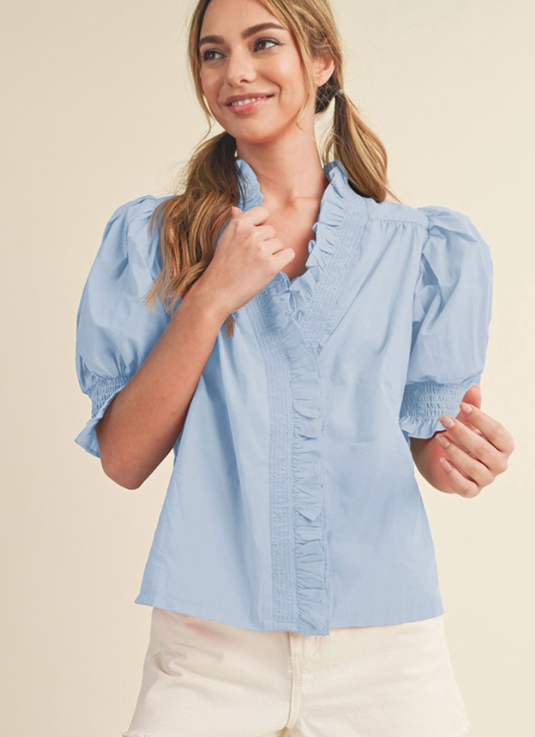 Ruffle Trim Puff Sleeve Top