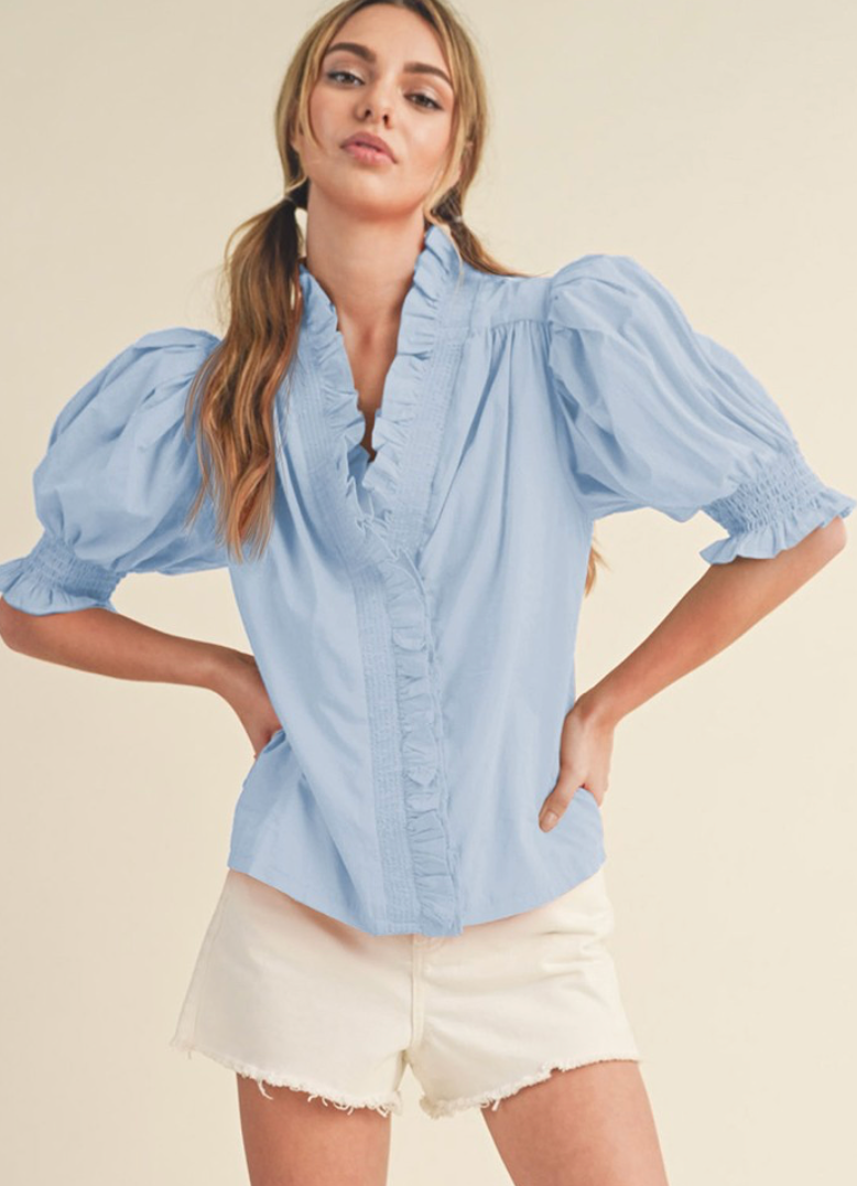 Ruffle Trim Puff Sleeve Top