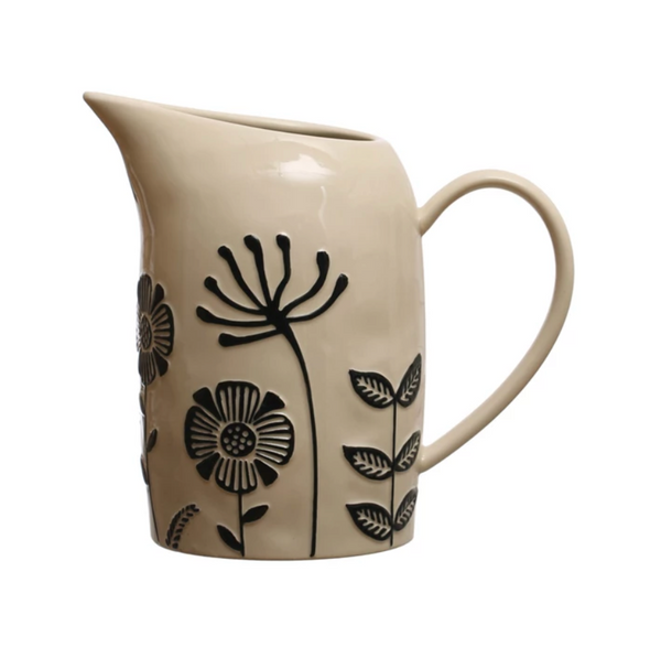 Embossed Flowers Stoneware Pitcher