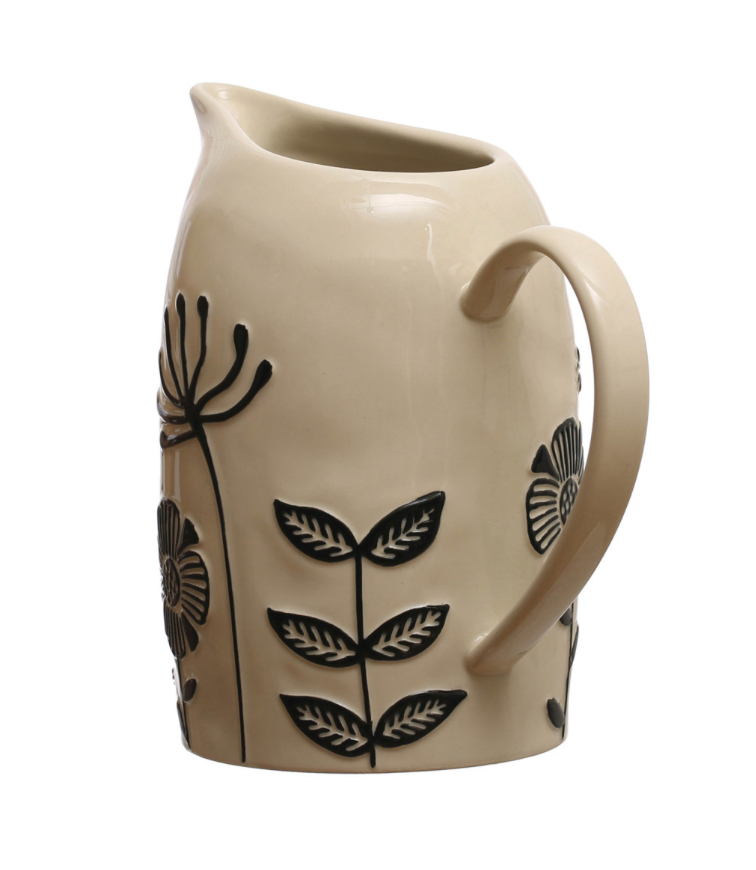 Embossed Flowers Stoneware Pitcher