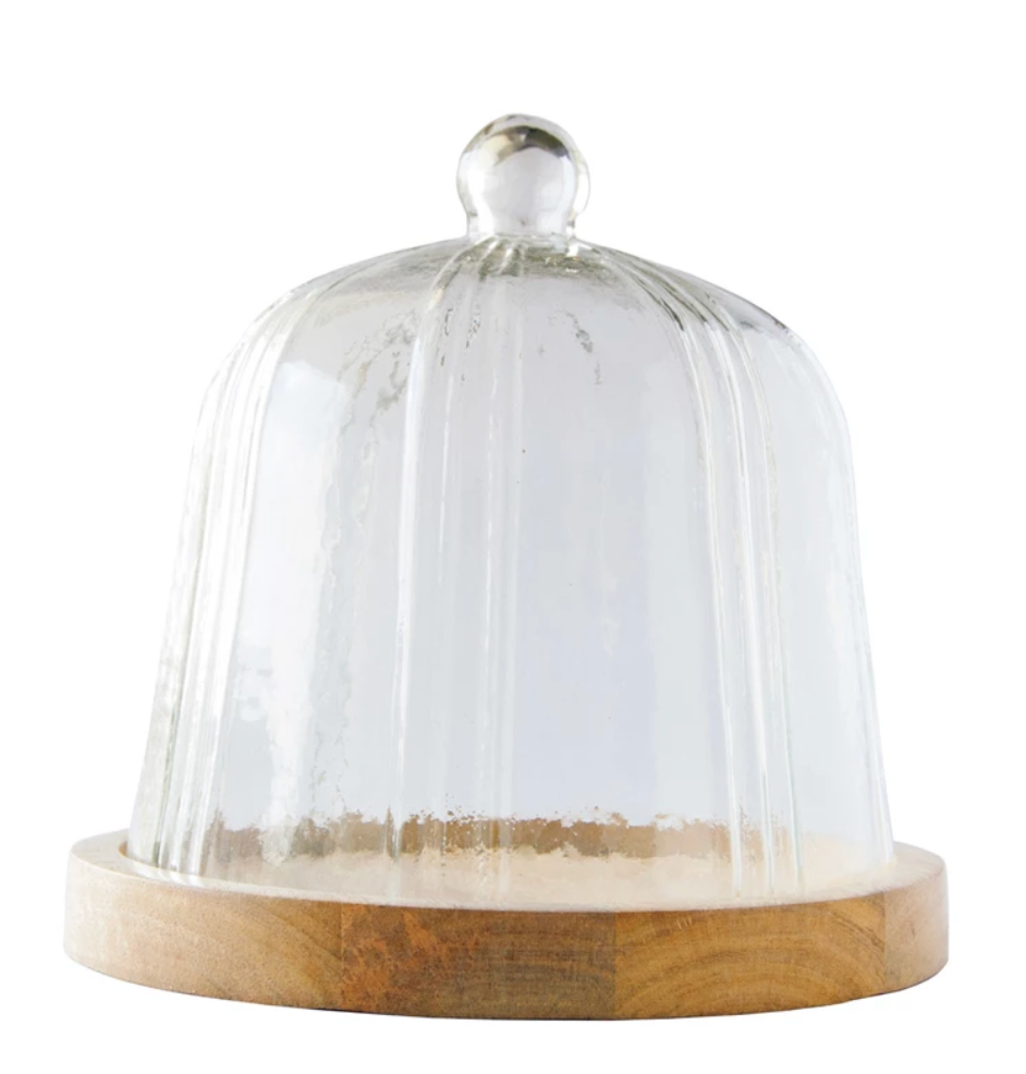 Glass Pleated Cloche with Mango Wood Base