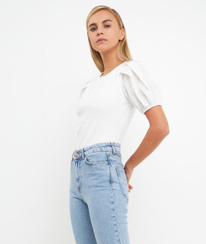 Mixed Media Puff Sleeve Henley Top