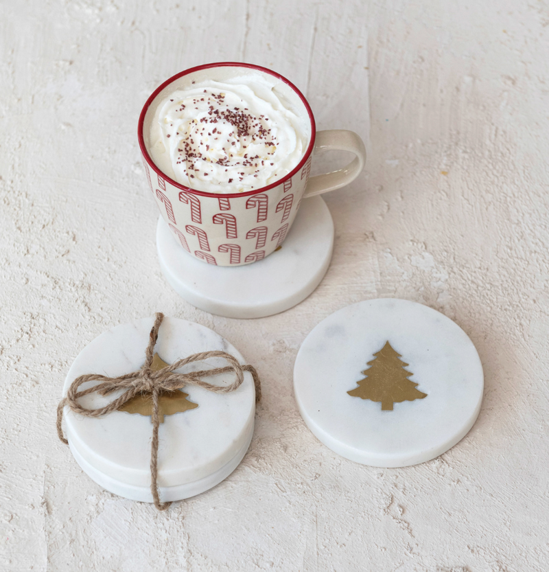 Marble Coasters with Brass Tree Inlay- Set of 4