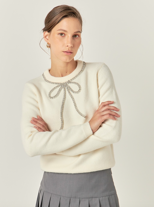 Rhinestone Bow Knit Sweater