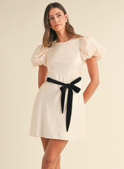 Silky Satin Puff Sleeve Dress with Velvet Tie