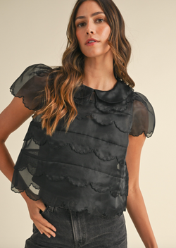 Scalloped Embroidered Organza Blouse Top