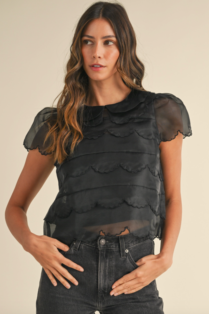 Scalloped Embroidered Organza Blouse Top