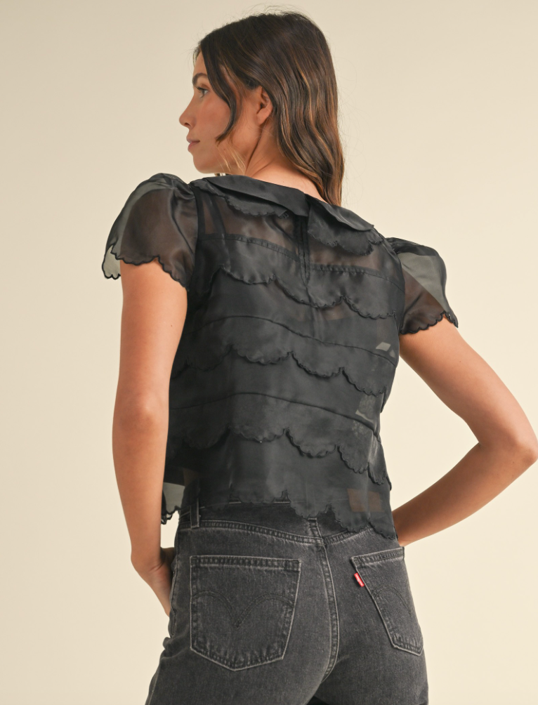 Scalloped Embroidered Organza Blouse Top