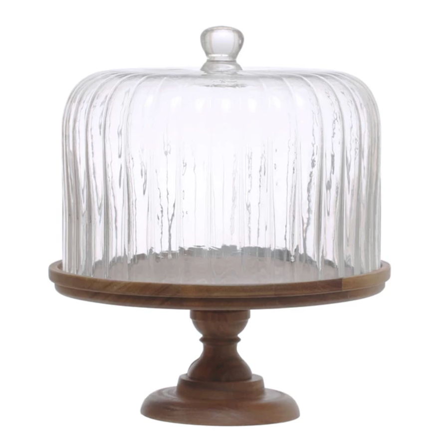 Acacia Wood Pedestal with Fluted Glass Cloche