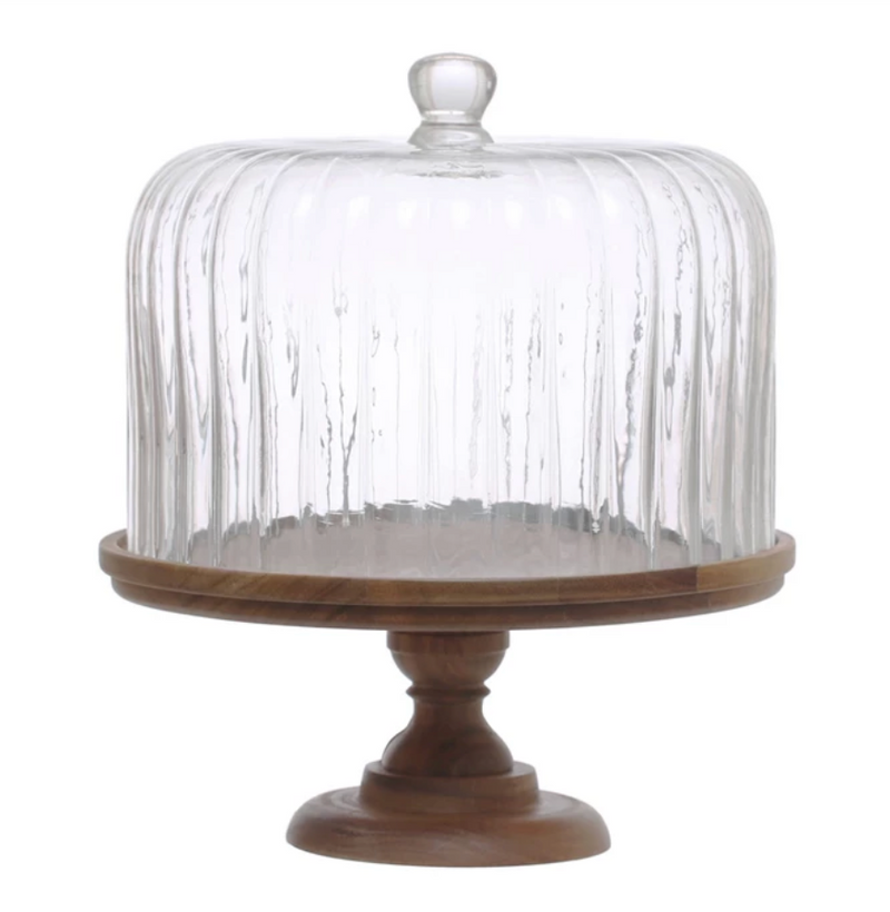 Acacia Wood Pedestal with Fluted Glass Cloche