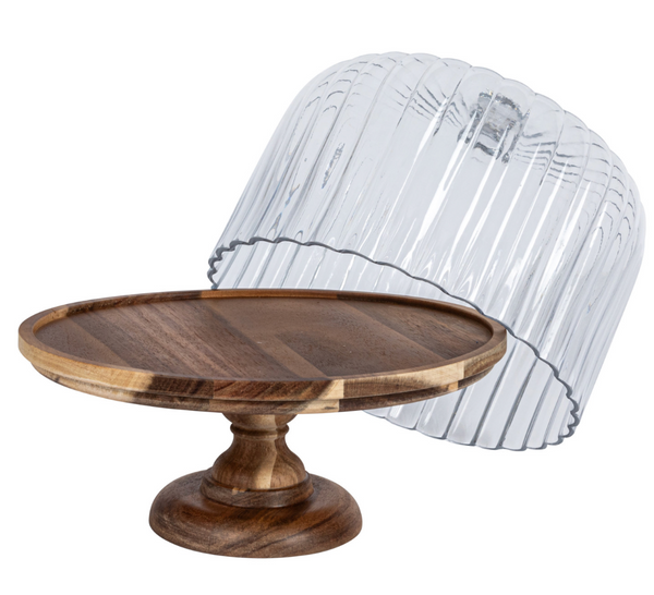 Acacia Wood Pedestal with Fluted Glass Cloche