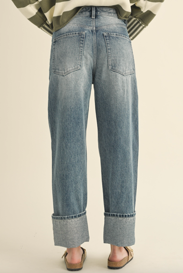 Straight Leg Cuffed Hem Denim Pants