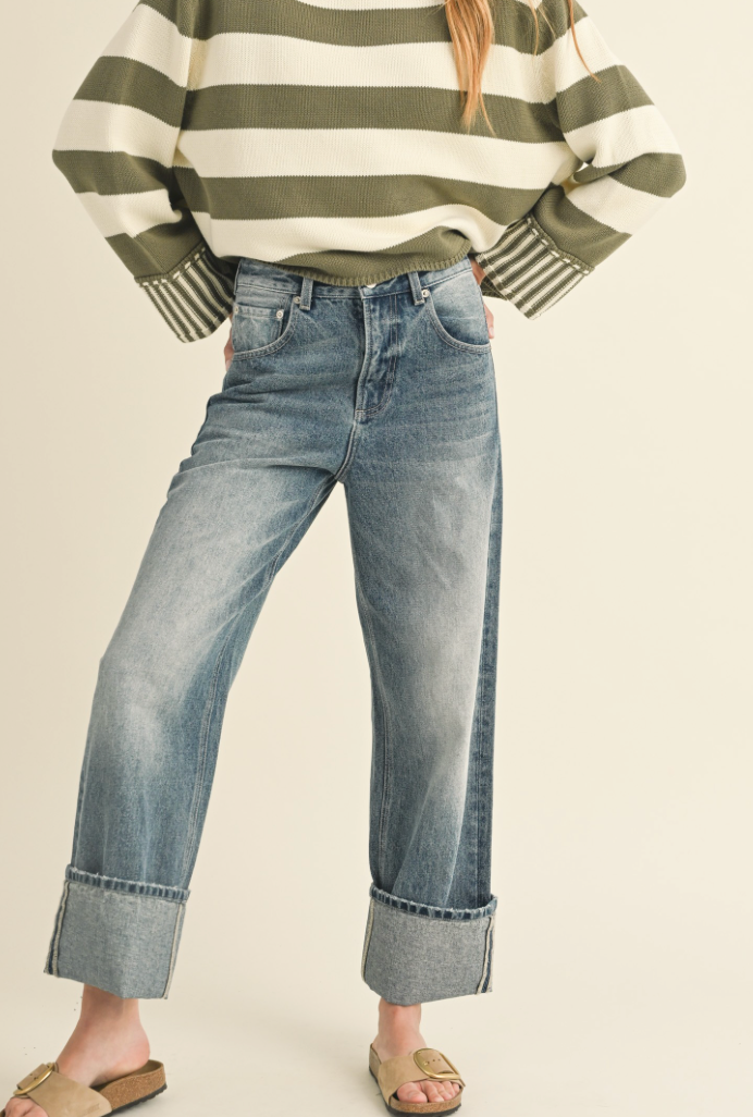 Straight Leg Cuffed Hem Denim Pants