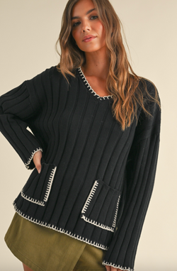 Wide Rib Sweater with Stitching Detail