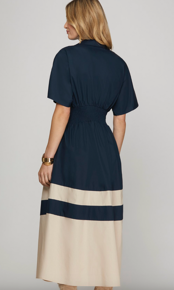 Color Block Poplin Midi Dress