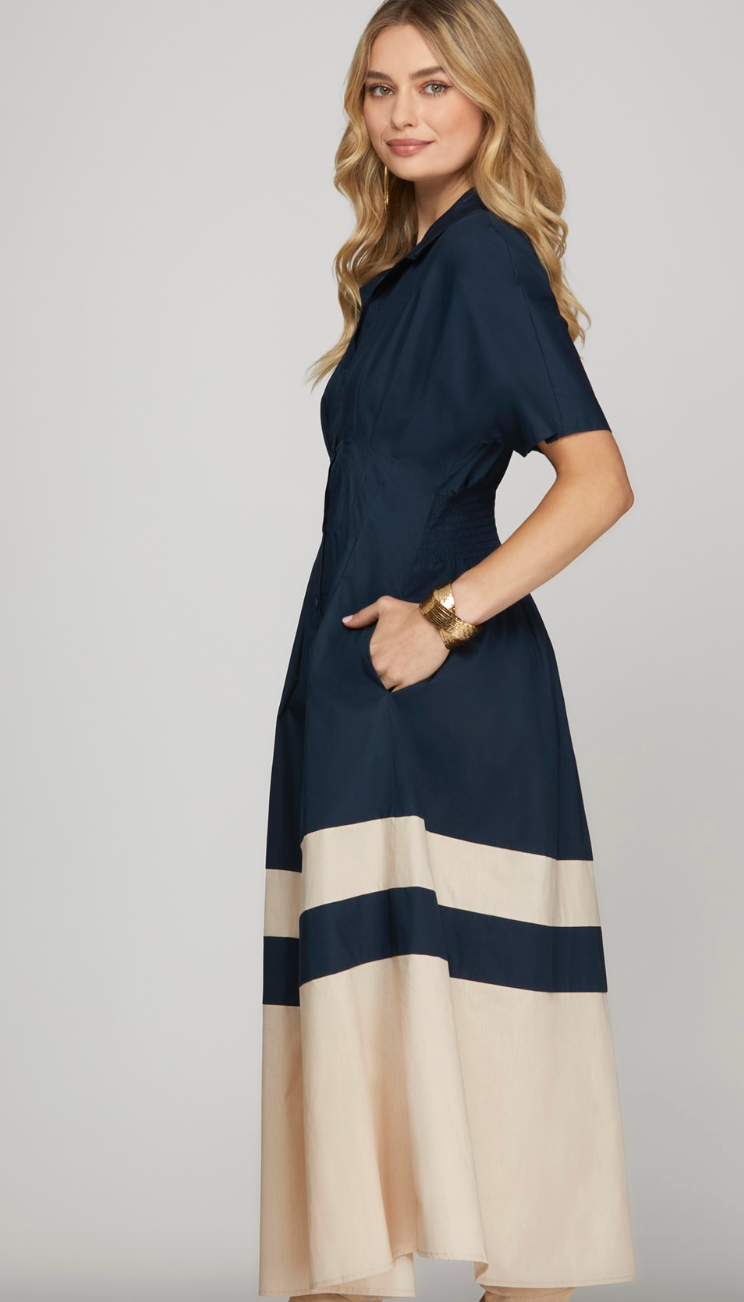 Color Block Poplin Midi Dress