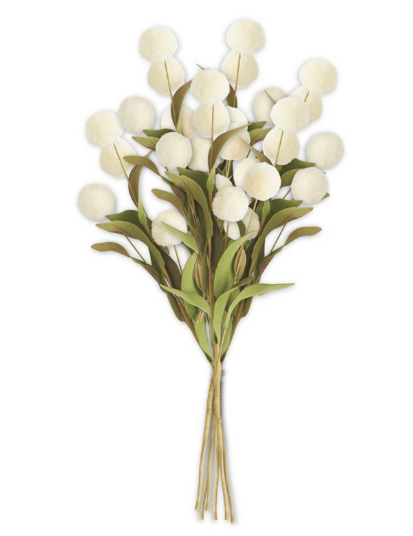 Cream Pompom Pick with Green Eva Leaves- 6 Stems