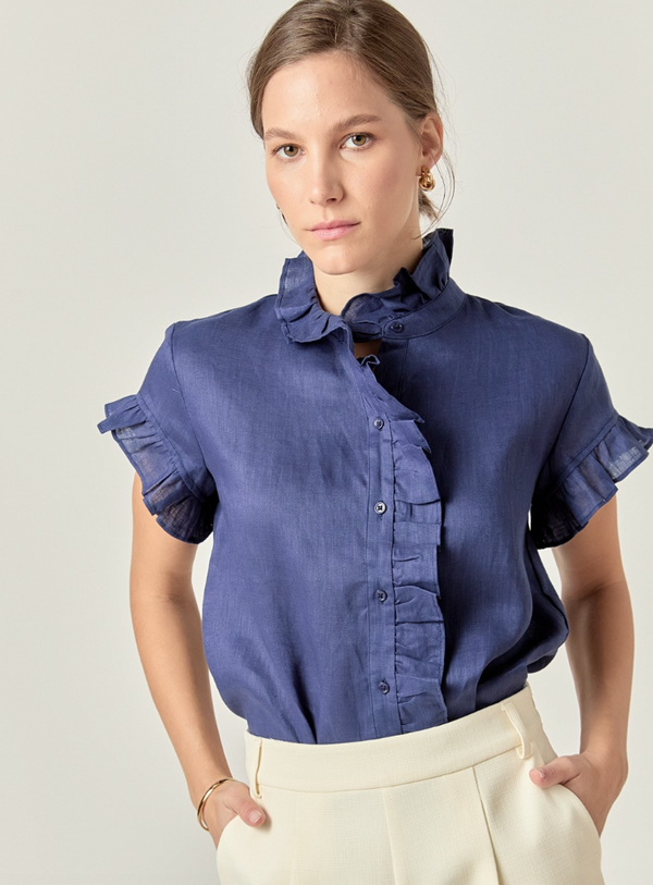 Navy Linen Ruffle Top