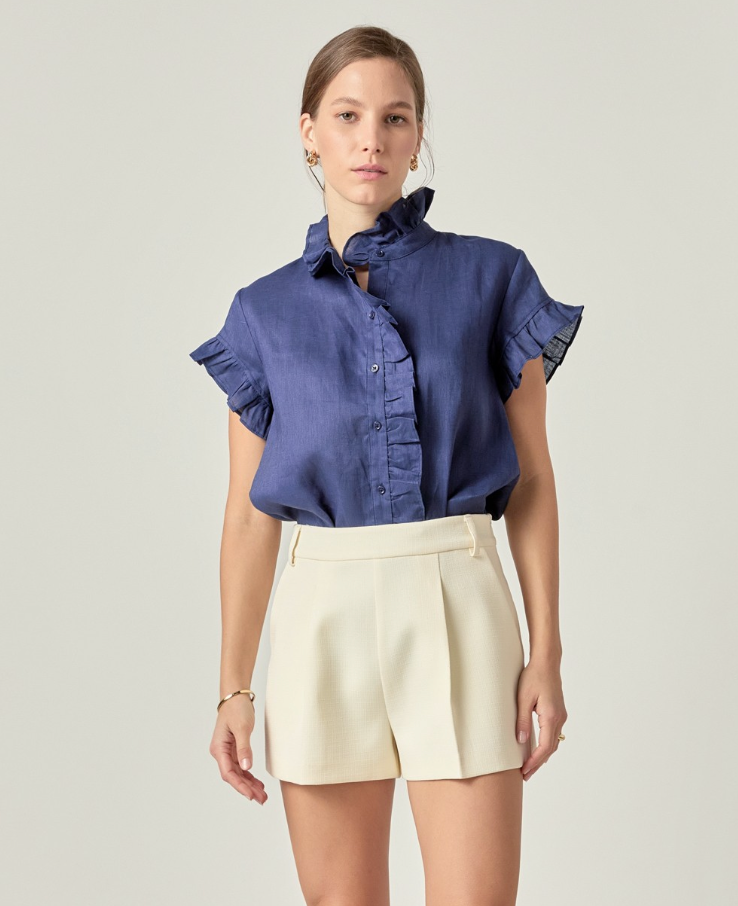 Navy Linen Ruffle Top