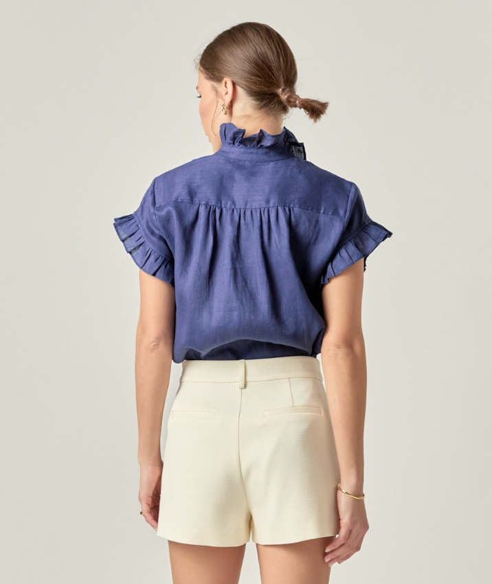 Navy Linen Ruffle Top