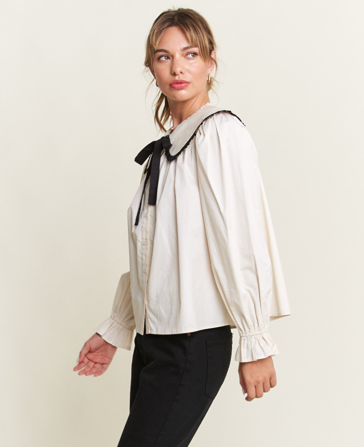 Contrast Collar Button Down Blouse