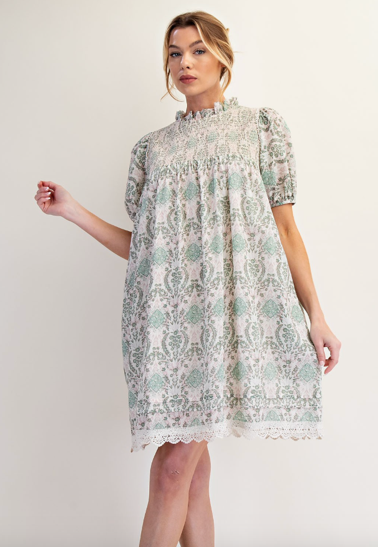 Antique Blue Printed Cotton Lace Hem Dress