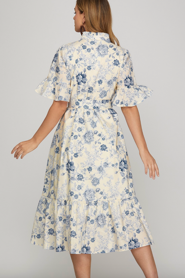 Bell Sleeve Blue Toile Dress