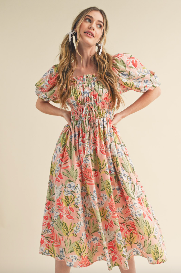 Peach Puff Sleeve Floral Dress