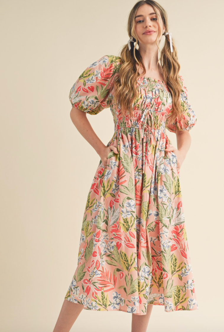 Peach Puff Sleeve Floral Dress