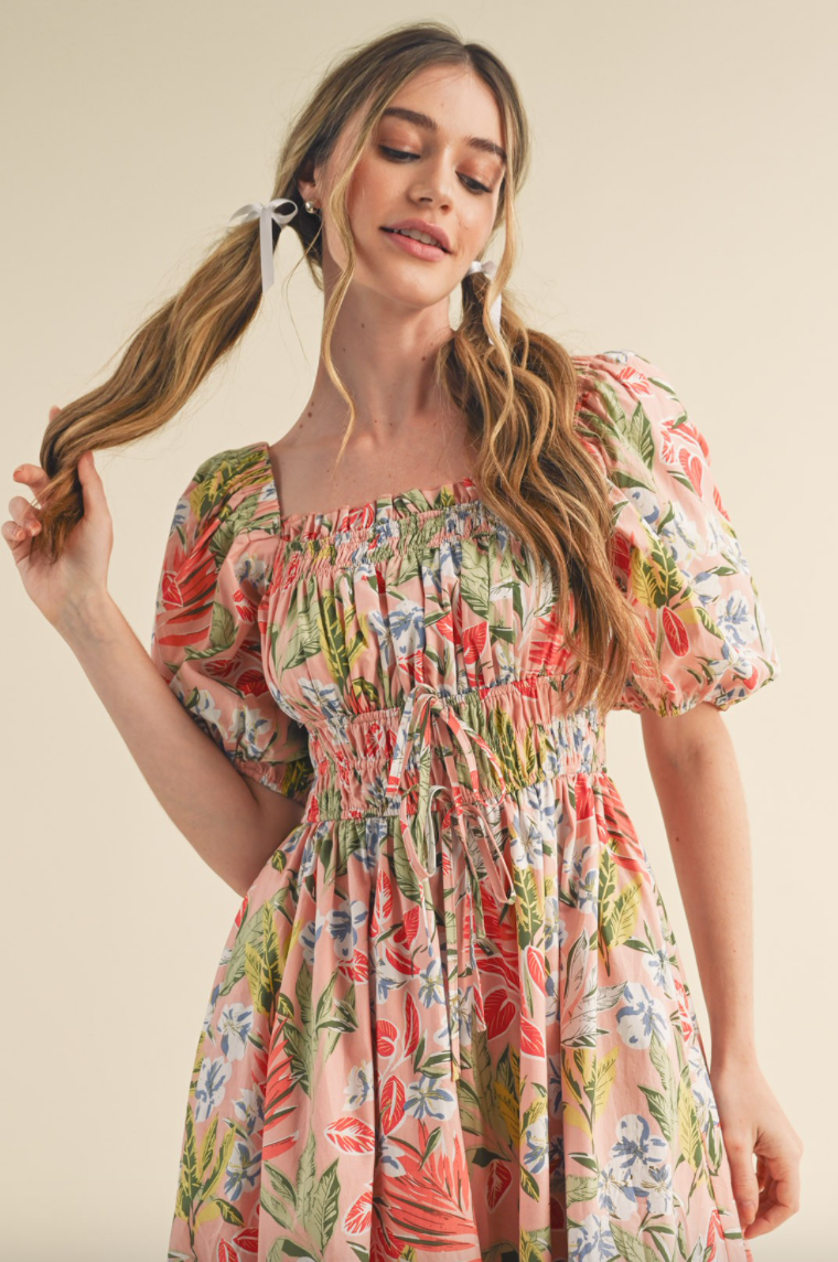 Peach Puff Sleeve Floral Dress