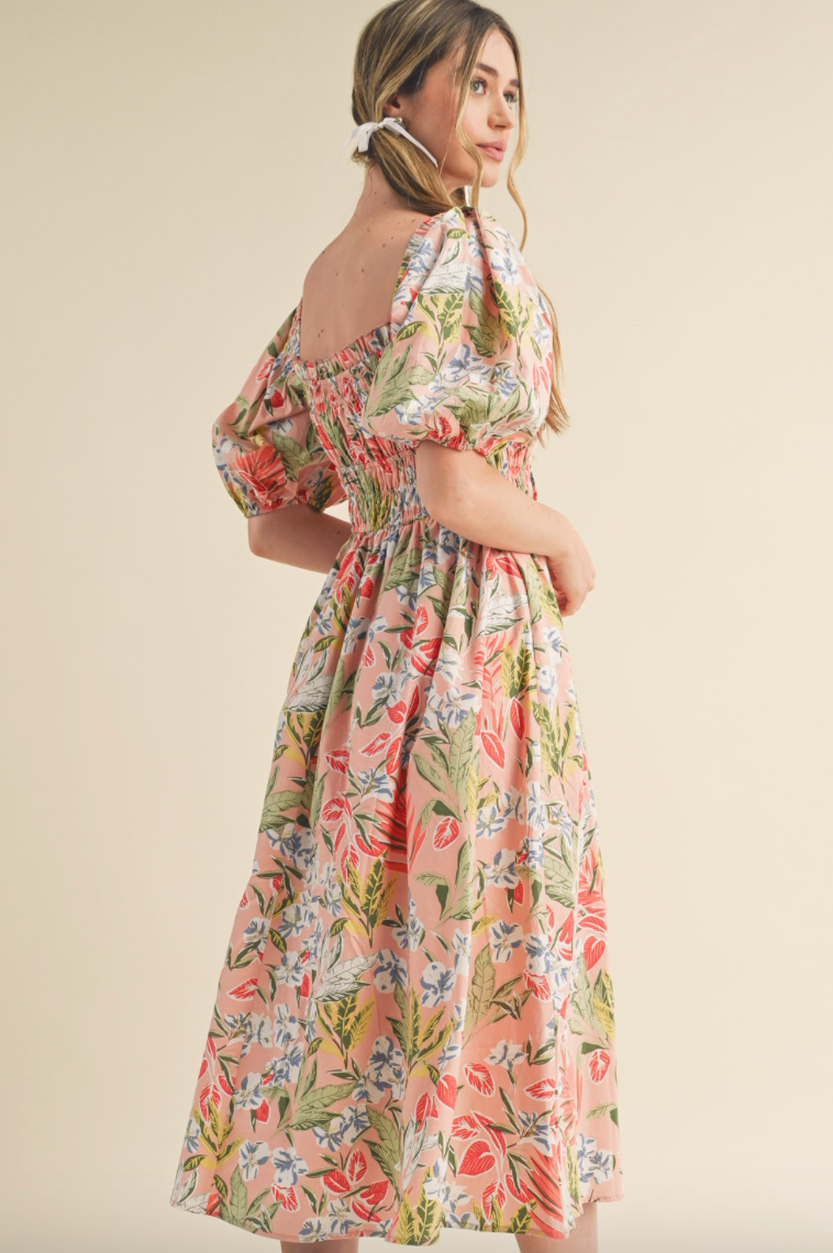 Peach Puff Sleeve Floral Dress