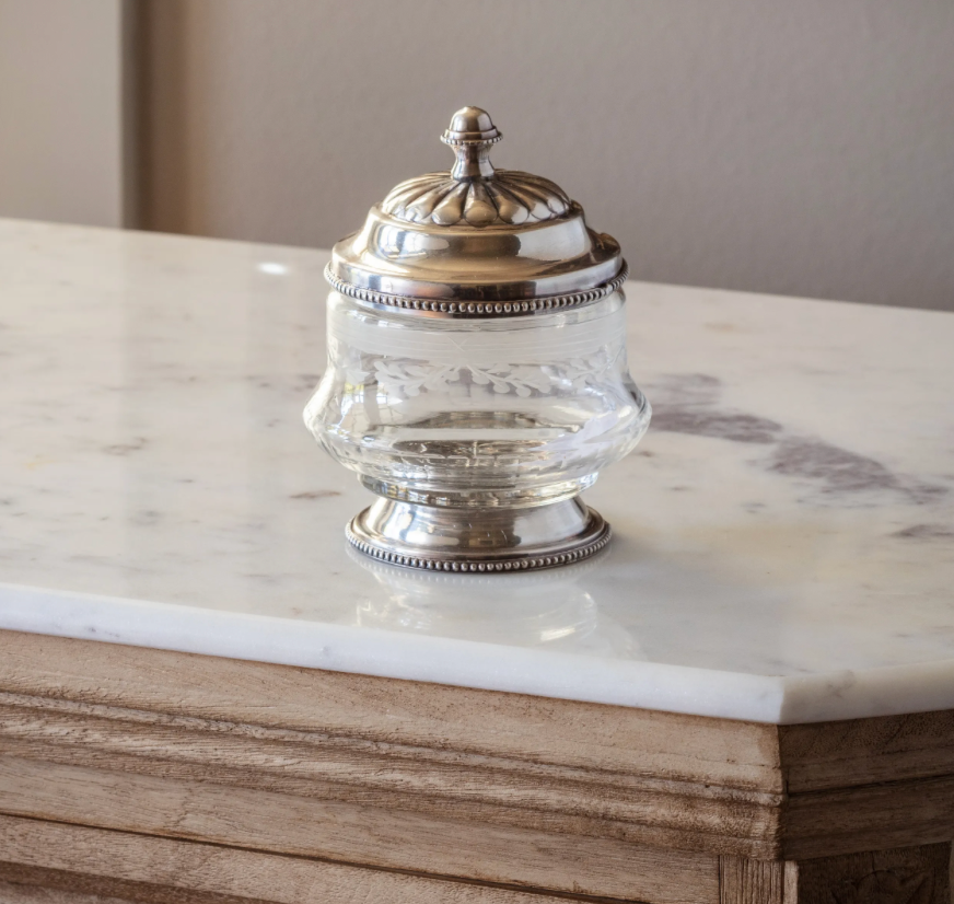 Antique Silver Etched Glass Vanity Canister