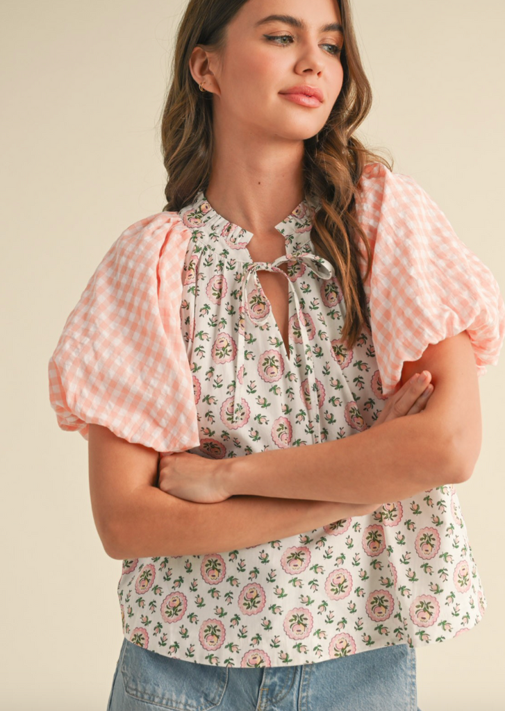Contrast Print Bubble Sleeve Top