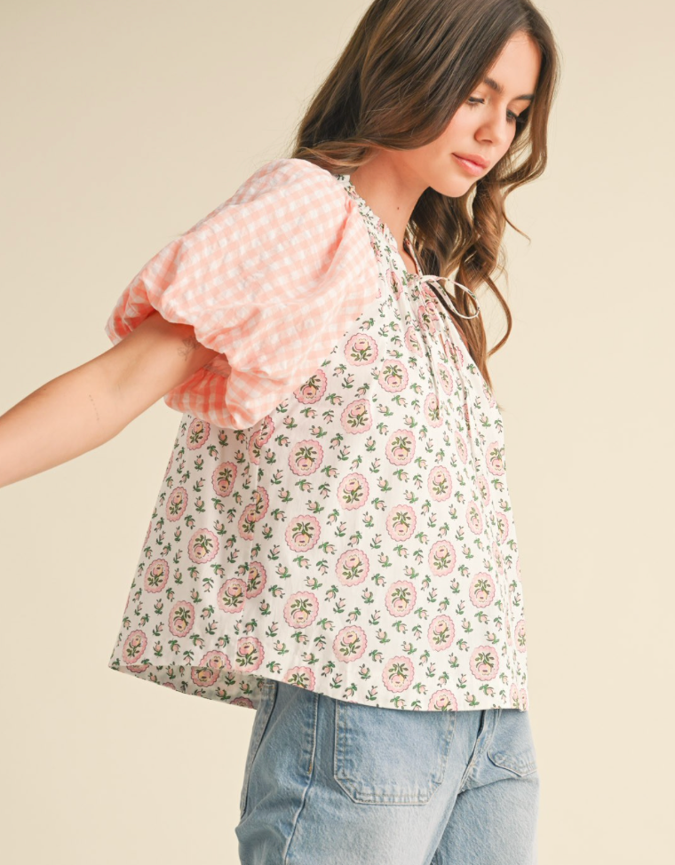 Contrast Print Bubble Sleeve Top